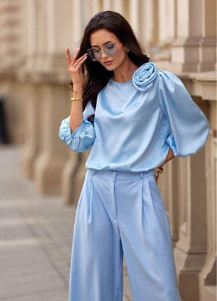 Satin Blouse with Rose Detail & Flowy 3/4 Sleeves – Chic & Comfortable - MimiStylez