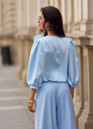 Satin Blouse with Rose Detail & Flowy 3/4 Sleeves – Chic & Comfortable - MimiStylez