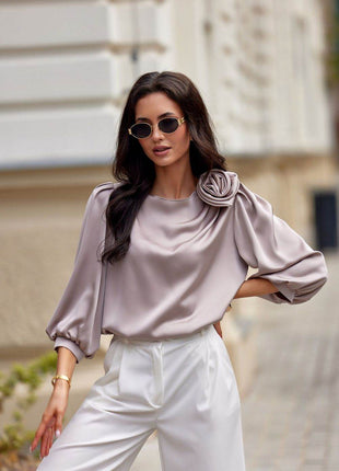 Satin Blouse with Rose Detail & Flowy 3/4 Sleeves – Chic & Comfortable - MimiStylez