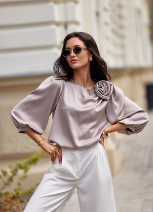 Satin Blouse with Rose Detail & Flowy 3/4 Sleeves – Chic & Comfortable - MimiStylez