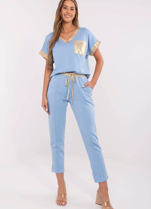 Chic V-Neck Blouse & High-Waisted Pants Set with Golden Details - MimiStylez