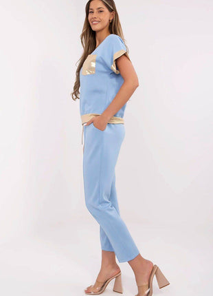 Chic V-Neck Blouse & High-Waisted Pants Set with Golden Details - MimiStylez