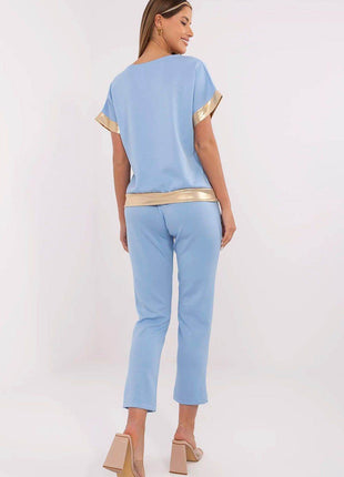 Chic V-Neck Blouse & High-Waisted Pants Set with Golden Details - MimiStylez