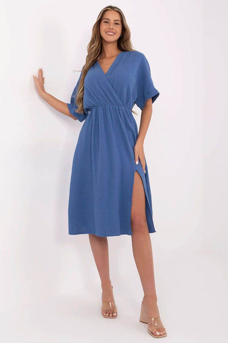Airy Cotton Muslin Wrap Midi Dress with Elastic Waistband and Short Sleeves - MimiStylez