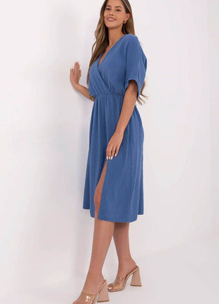 Airy Cotton Muslin Wrap Midi Dress with Elastic Waistband and Short Sleeves - MimiStylez
