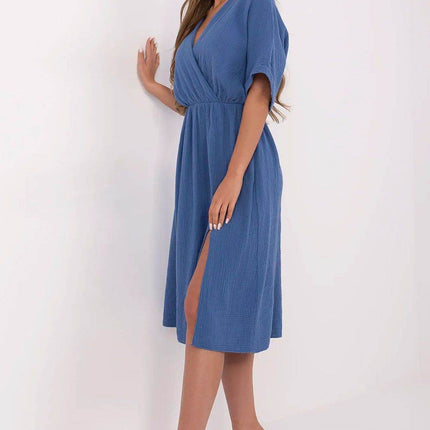 Airy Cotton Muslin Wrap Midi Dress with Elastic Waistband and Short Sleeves - MimiStylez