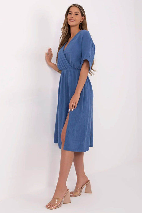 Airy Cotton Muslin Wrap Midi Dress with Elastic Waistband and Short Sleeves - MimiStylez