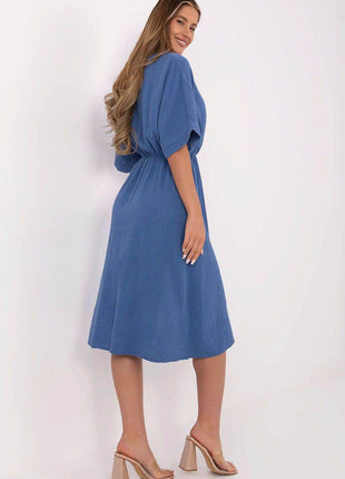 Airy Cotton Muslin Wrap Midi Dress with Elastic Waistband and Short Sleeves - MimiStylez