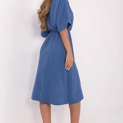 Airy Cotton Muslin Wrap Midi Dress with Elastic Waistband and Short Sleeves - MimiStylez