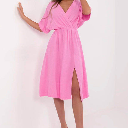 Airy Cotton Muslin Wrap Midi Dress with Elastic Waistband and Short Sleeves - MimiStylez