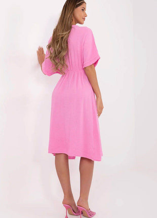 Airy Cotton Muslin Wrap Midi Dress with Elastic Waistband and Short Sleeves - MimiStylez