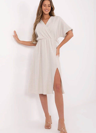 Airy Cotton Muslin Wrap Midi Dress with Elastic Waistband and Short Sleeves - MimiStylez