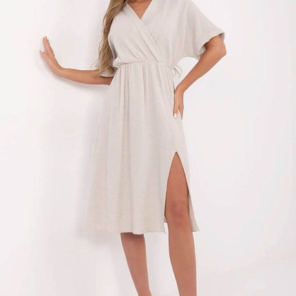 Airy Cotton Muslin Wrap Midi Dress with Elastic Waistband and Short Sleeves - MimiStylez