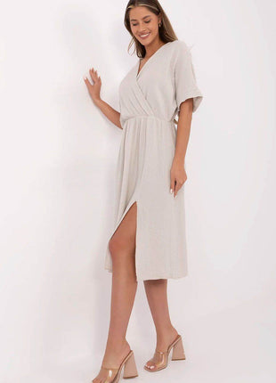 Airy Cotton Muslin Wrap Midi Dress with Elastic Waistband and Short Sleeves - MimiStylez