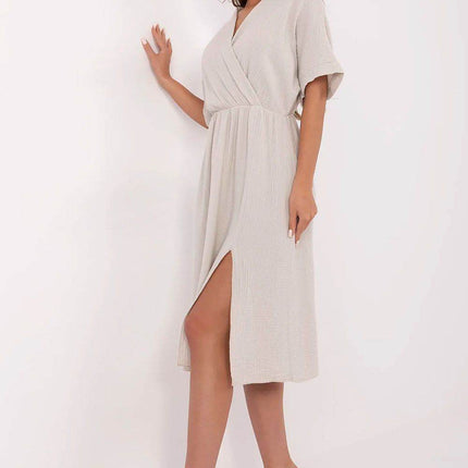 Airy Cotton Muslin Wrap Midi Dress with Elastic Waistband and Short Sleeves - MimiStylez