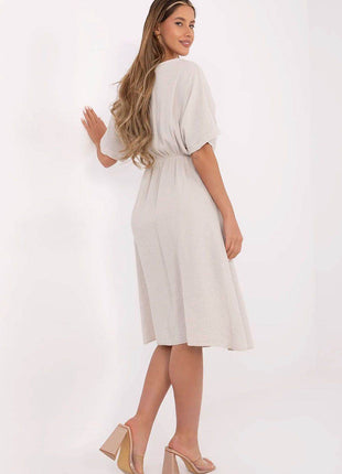 Airy Cotton Muslin Wrap Midi Dress with Elastic Waistband and Short Sleeves - MimiStylez