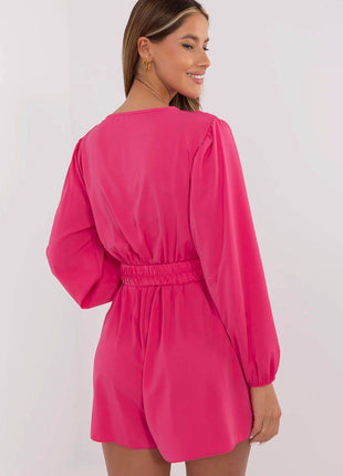 Elegant Short Jumpsuit – Wrap Neckline & Long Sleeves - MimiStylez