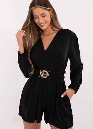 Elegant Short Jumpsuit – Wrap Neckline & Long Sleeves - MimiStylez