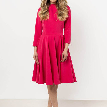Flared Midi Dress with Boat Neckline & 3/4 Sleeves – Elegant Pleated Detail - MimiStylez