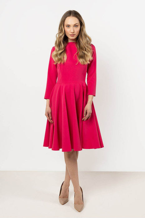 Flared Midi Dress with Boat Neckline & 3/4 Sleeves – Elegant Pleated Detail - MimiStylez