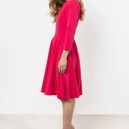 Flared Midi Dress with Boat Neckline & 3/4 Sleeves – Elegant Pleated Detail - MimiStylez