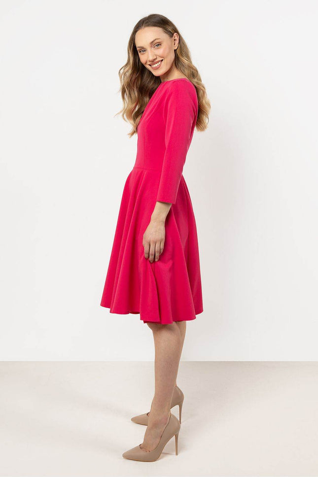 Flared Midi Dress with Boat Neckline & 3/4 Sleeves – Elegant Pleated Detail - MimiStylez