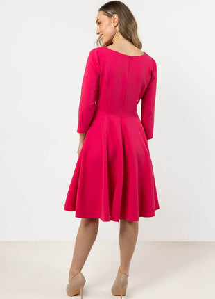 Flared Midi Dress with Boat Neckline & 3/4 Sleeves – Elegant Pleated Detail - MimiStylez