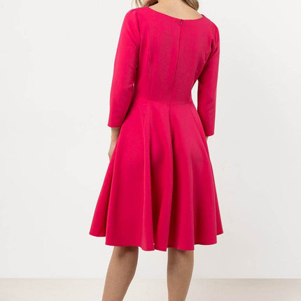 Flared Midi Dress with Boat Neckline & 3/4 Sleeves – Elegant Pleated Detail - MimiStylez