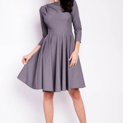 Flared Midi Dress with Boat Neckline & 3/4 Sleeves – Elegant Pleated Detail - MimiStylez