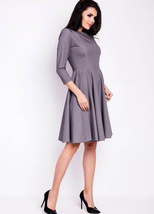 Flared Midi Dress with Boat Neckline & 3/4 Sleeves – Elegant Pleated Detail - MimiStylez