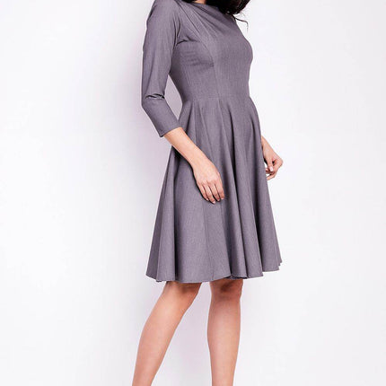 Flared Midi Dress with Boat Neckline & 3/4 Sleeves – Elegant Pleated Detail - MimiStylez