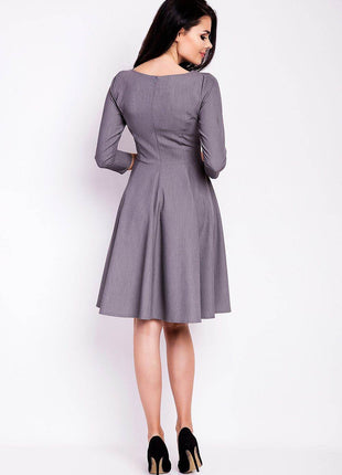 Flared Midi Dress with Boat Neckline & 3/4 Sleeves – Elegant Pleated Detail - MimiStylez