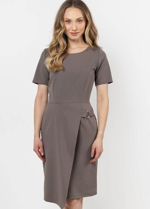 Fitted Pencil Midi Dress with Asymmetrical Hem & Decorative Detail - MimiStylez