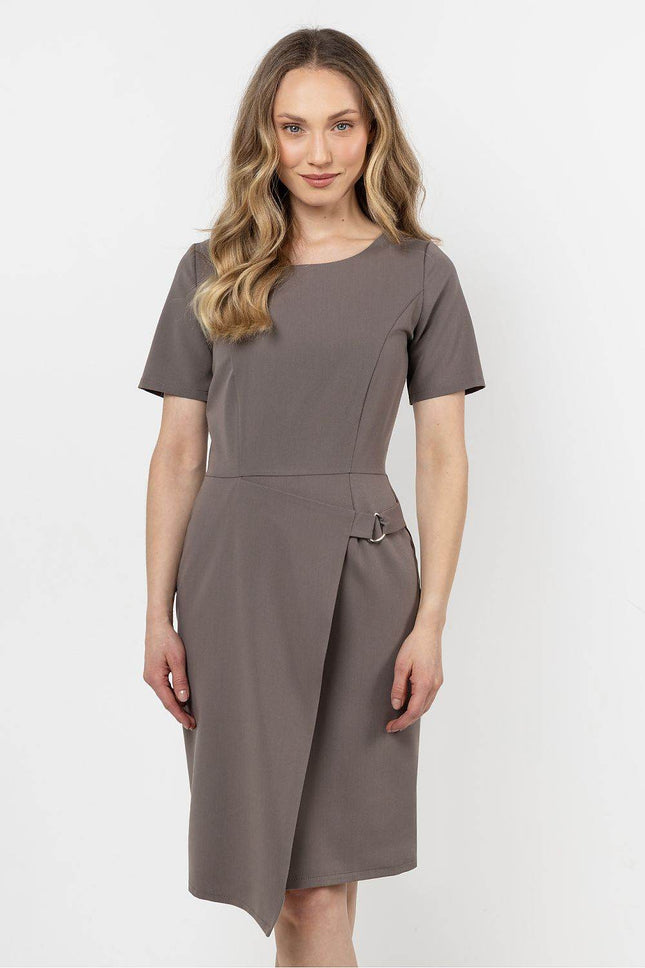Fitted Pencil Midi Dress with Asymmetrical Hem & Decorative Detail - MimiStylez