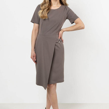 Fitted Pencil Midi Dress with Asymmetrical Hem & Decorative Detail - MimiStylez
