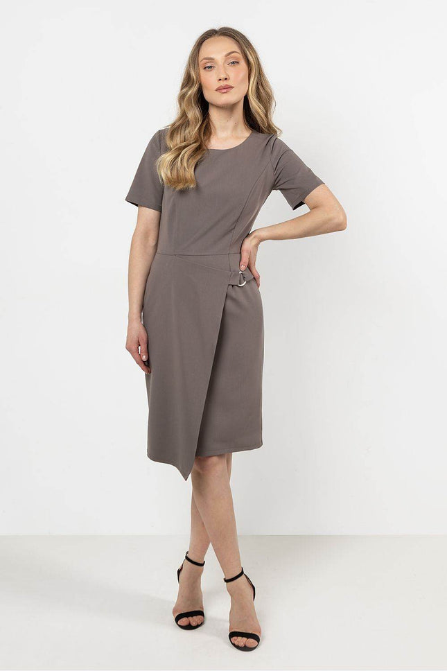 Fitted Pencil Midi Dress with Asymmetrical Hem & Decorative Detail - MimiStylez