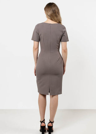 Fitted Pencil Midi Dress with Asymmetrical Hem & Decorative Detail - MimiStylez