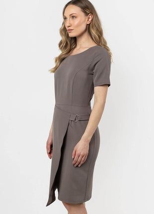 Fitted Pencil Midi Dress with Asymmetrical Hem & Decorative Detail - MimiStylez