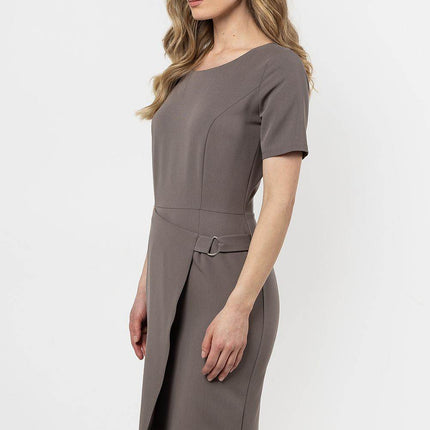 Fitted Pencil Midi Dress with Asymmetrical Hem & Decorative Detail - MimiStylez