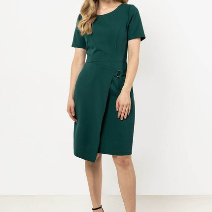 Fitted Pencil Midi Dress with Asymmetrical Hem & Decorative Detail - MimiStylez