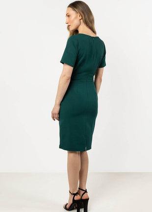 Fitted Pencil Midi Dress with Asymmetrical Hem & Decorative Detail - MimiStylez