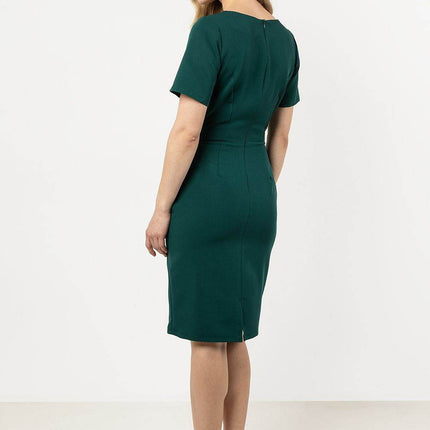 Fitted Pencil Midi Dress with Asymmetrical Hem & Decorative Detail - MimiStylez