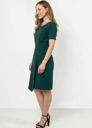 Fitted Pencil Midi Dress with Asymmetrical Hem & Decorative Detail - MimiStylez