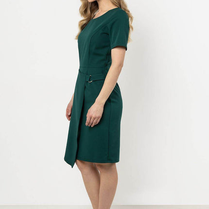 Fitted Pencil Midi Dress with Asymmetrical Hem & Decorative Detail - MimiStylez