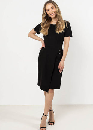 Fitted Pencil Midi Dress with Asymmetrical Hem & Decorative Detail - MimiStylez