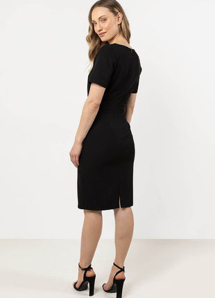 Fitted Pencil Midi Dress with Asymmetrical Hem & Decorative Detail - MimiStylez