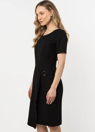 Fitted Pencil Midi Dress with Asymmetrical Hem & Decorative Detail - MimiStylez