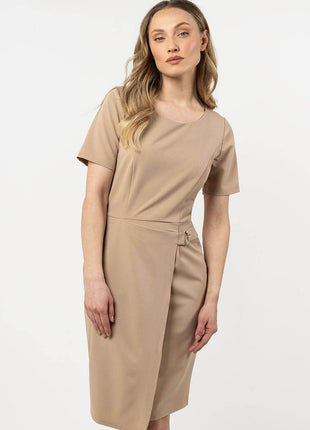 Fitted Pencil Midi Dress with Asymmetrical Hem & Decorative Detail - MimiStylez