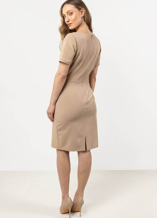 Fitted Pencil Midi Dress with Asymmetrical Hem & Decorative Detail - MimiStylez