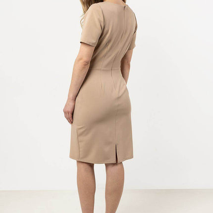 Fitted Pencil Midi Dress with Asymmetrical Hem & Decorative Detail - MimiStylez